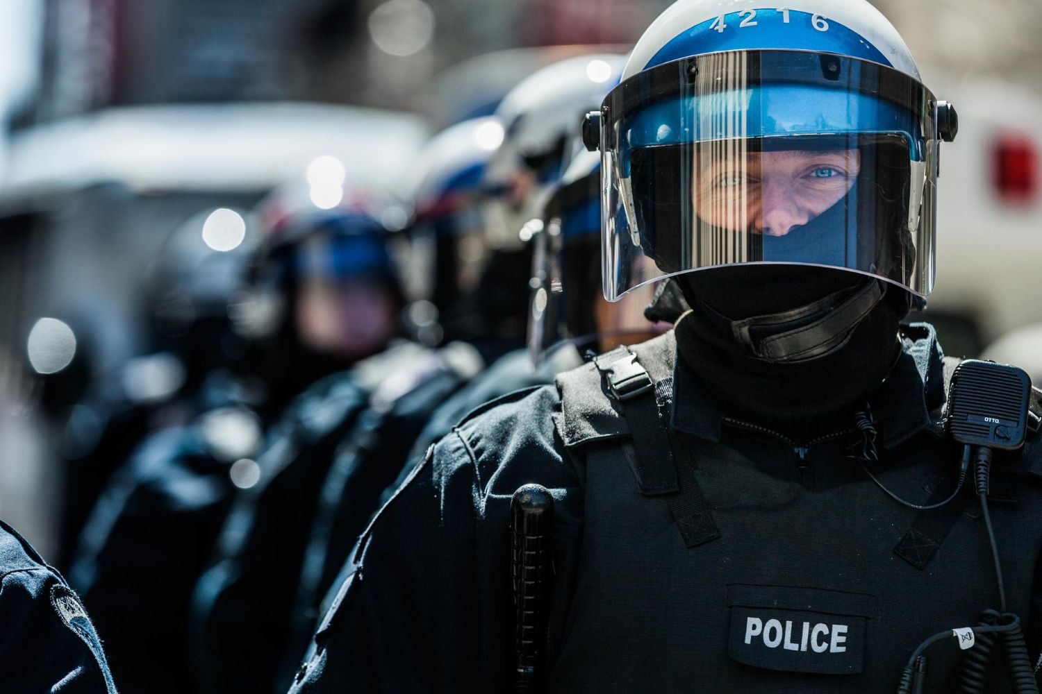 Closeup cops portraits ready case problem